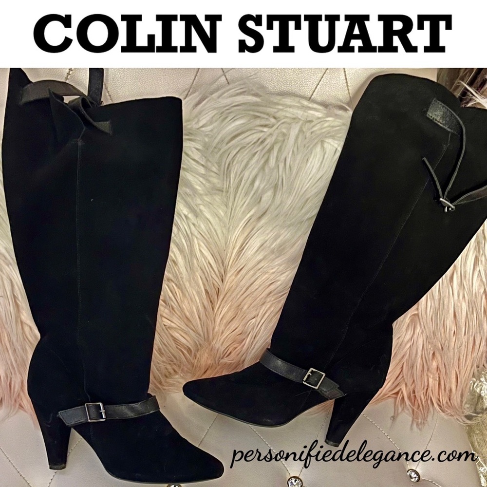 Colin Stuart Black Suede Buckle Cone Heel Boots Size 11B